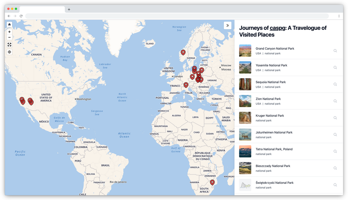 Traveler Map app screenshot presenting user places