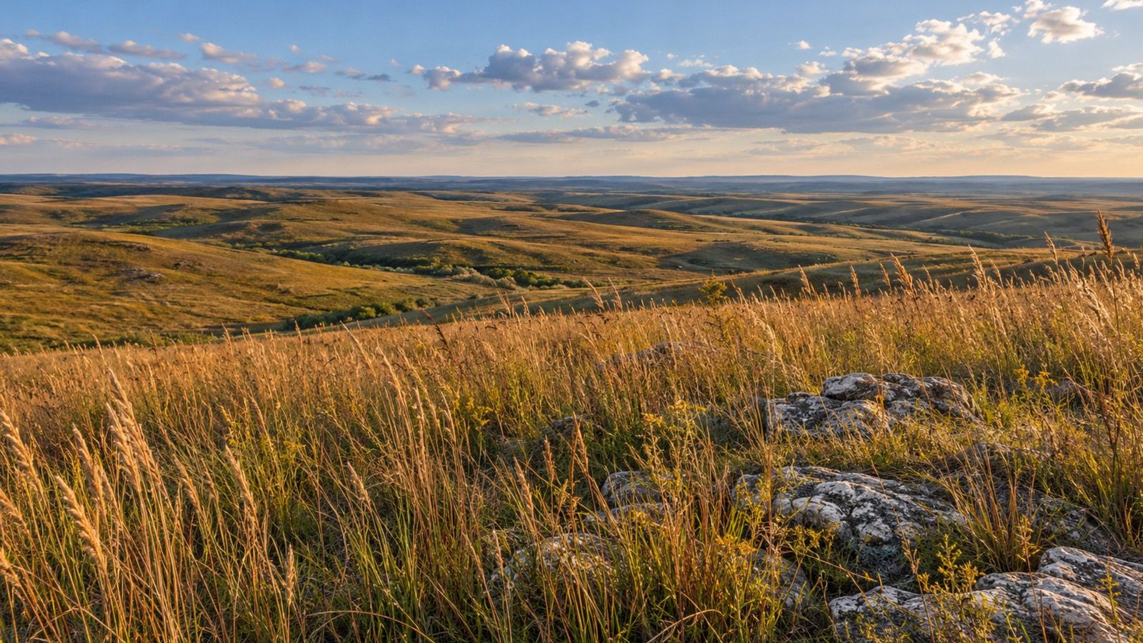 Golden prairie grasses and rolling Flint Hills, a landscape to explore when visiting national parks