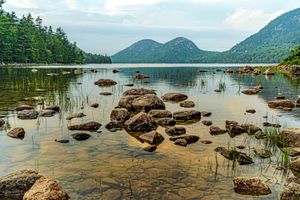 Famous photographer spot on crystal clear lake water in Acadia National Park