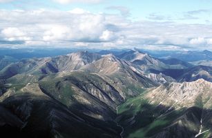 Aerial view of the Mountain Range in summer at Gates of The Arctic National Park and Preserve