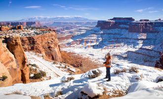 Canyonlands National Park in winter scenery, canyon all covered in snow.