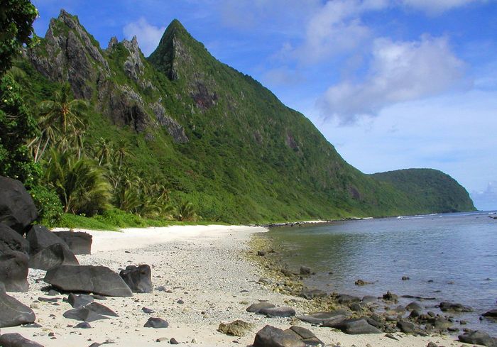 A view of the beach and mountains on Ofu Island in the National Park of American Samoa